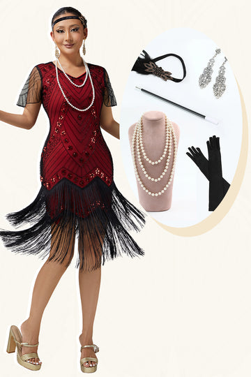 Black Red Fringed Bodycon Beaded 1920s Dress With 5-Piece Accessories Set